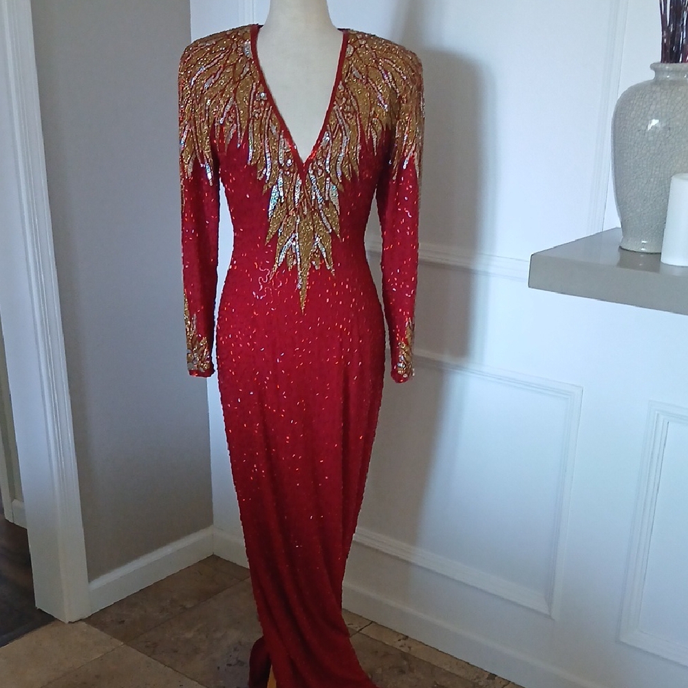Vintage Naeem Khan Red Gold Sequin Long Sleeve Cocktail Gown